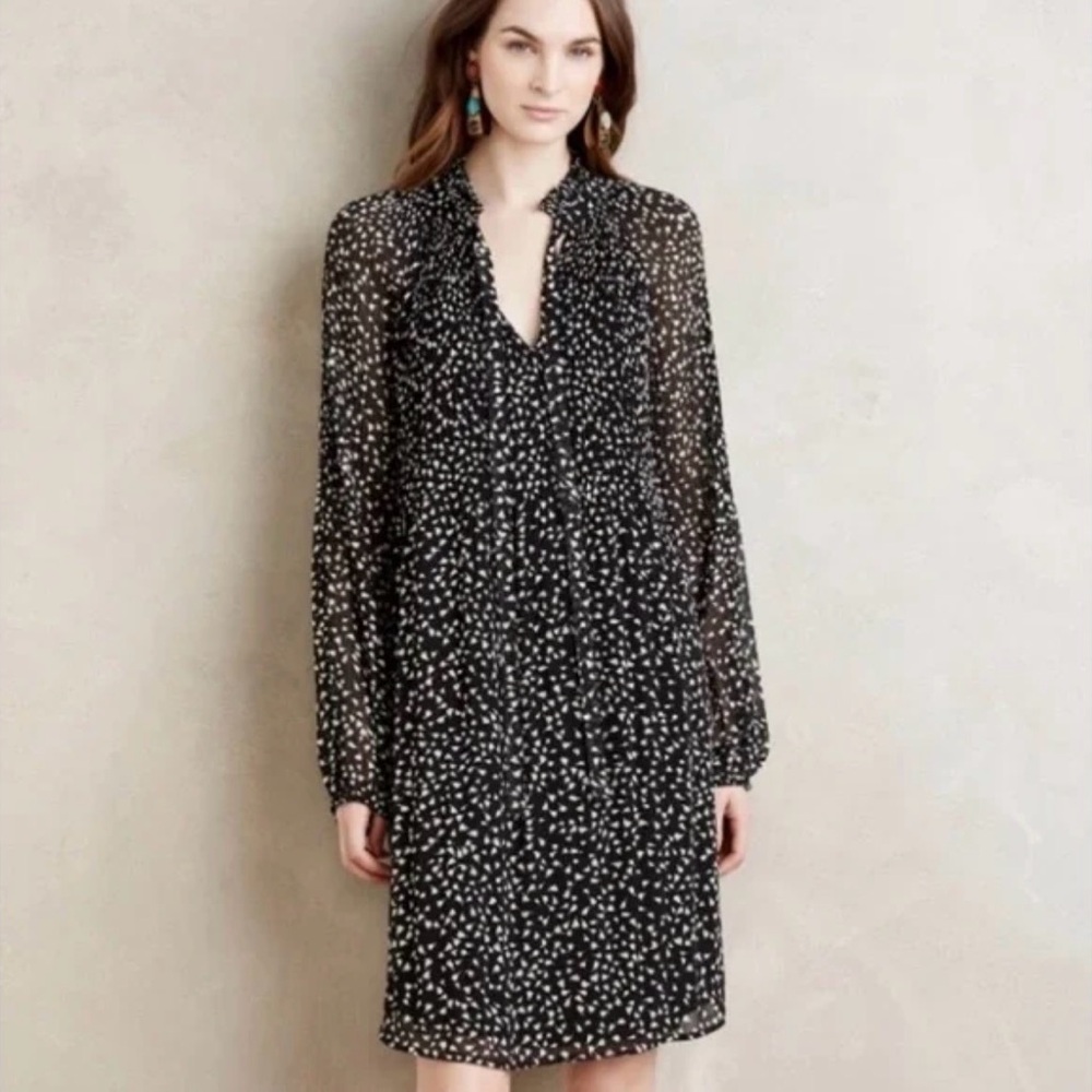 Anthropologie Meadow Rue Women’s Pleated Black Dress Lined Sheer Long Sleeve XS